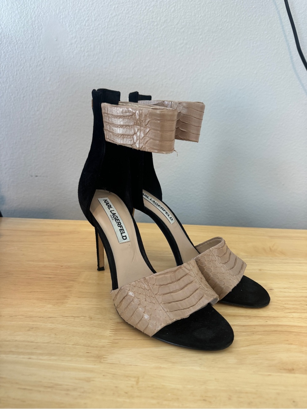 Karl Lagerfeld Black and Beige Croc-Embossed Ankle Strap Heels